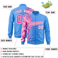 Powder Blue 3D Flame Full-Zip Varsity Letterman Bomber Jacket 2