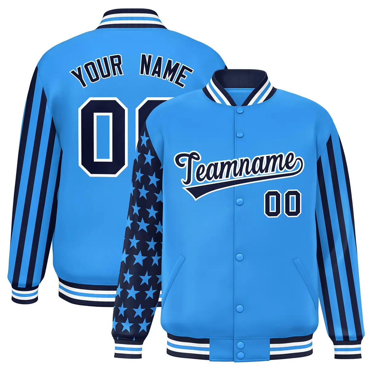 Powder Blue American Flag Varsity Letterman Bomber Jacket