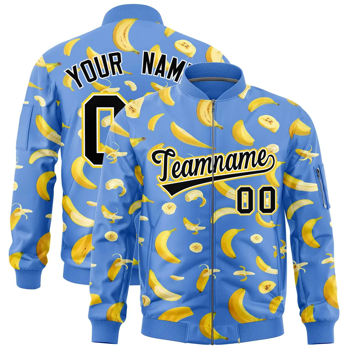 Powder Blue Banana Pattern Full-Zip Varsity Letterman Jacket