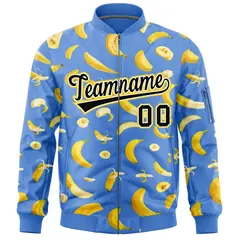 Powder Blue Banana Pattern Full-Zip Varsity Letterman Jacket 3