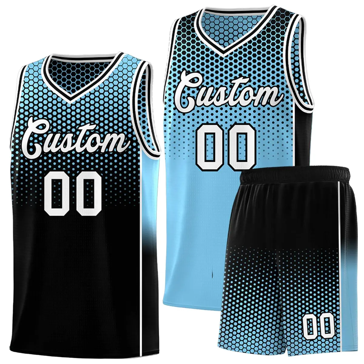 Powder Blue Black Dot Pattern Side Gradient Reversible Basketball Jersey Kits