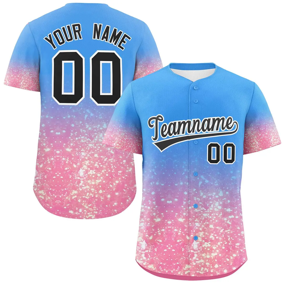 Powder Blue Black Gradient Sparkle-Effect Baseball Jersey