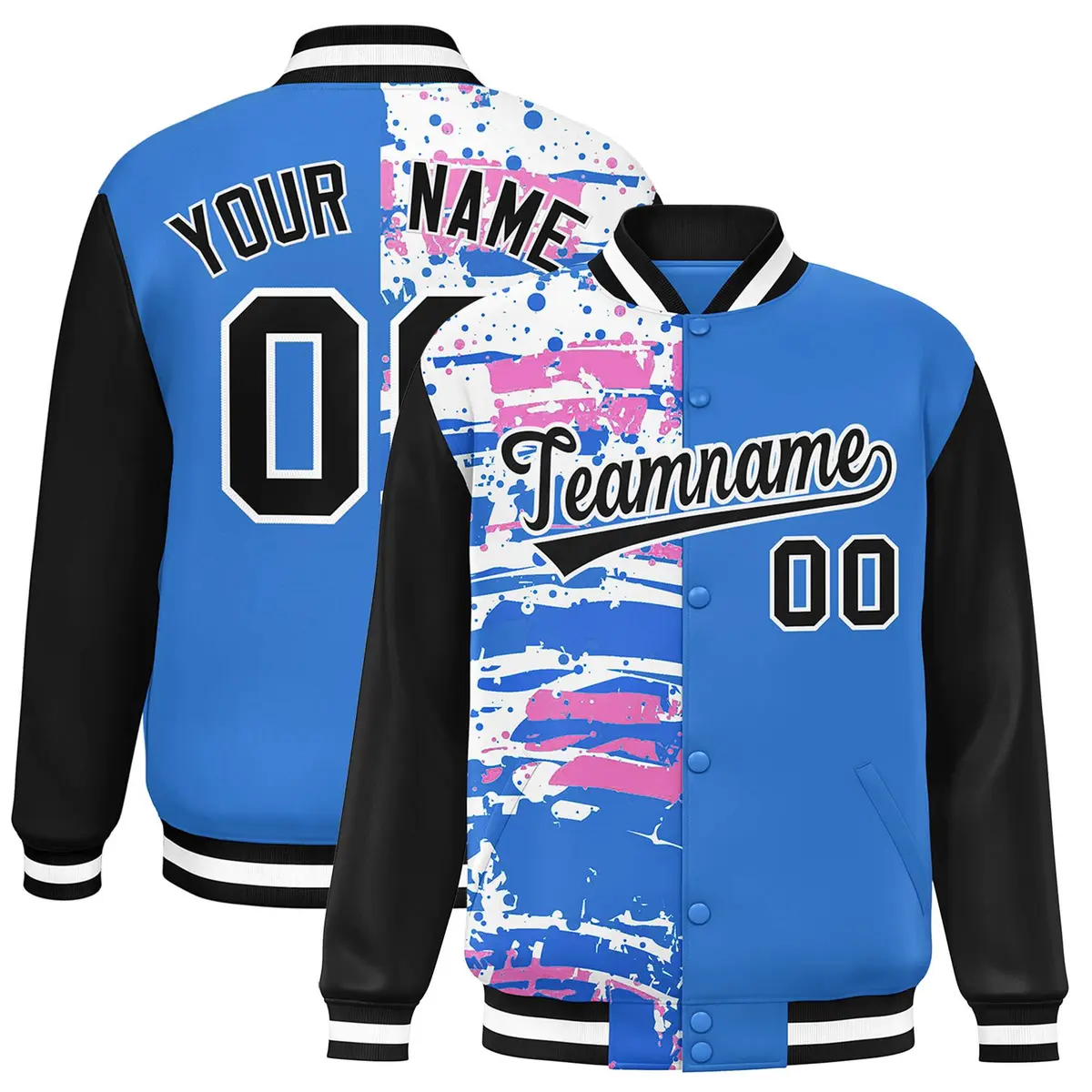 Powder Blue Black Graffiti Varsity Full-Snap Letterman Baseball Jacket