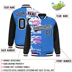 Powder Blue Black Graffiti Varsity Full-Snap Letterman Baseball Jacket 2