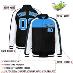Powder Blue Black K-Ribbon Raglan Full-Snap Color Block Letterman Jacket 2