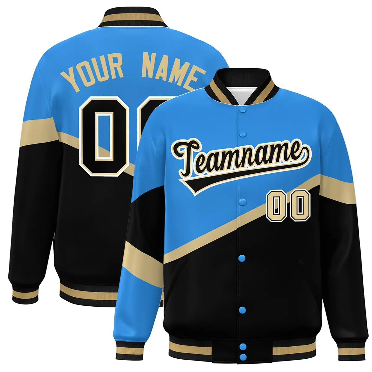 Powder Blue Black-Khaki Color Block Varsity Baseball Jacket