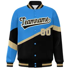 Powder Blue Black-Khaki Color Block Varsity Baseball Jacket 3
