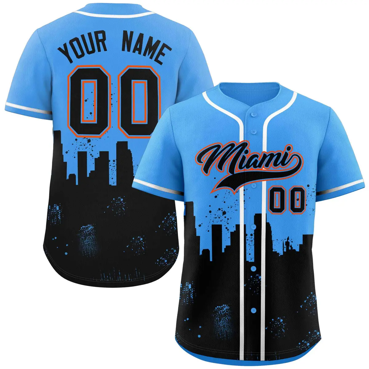 Powder Blue Black Miami City Nightscape Baseball Jersey