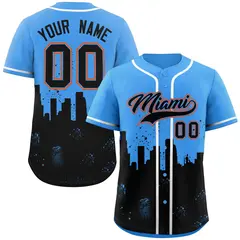 Powder Blue Black Miami City Nightscape Baseball Jersey
