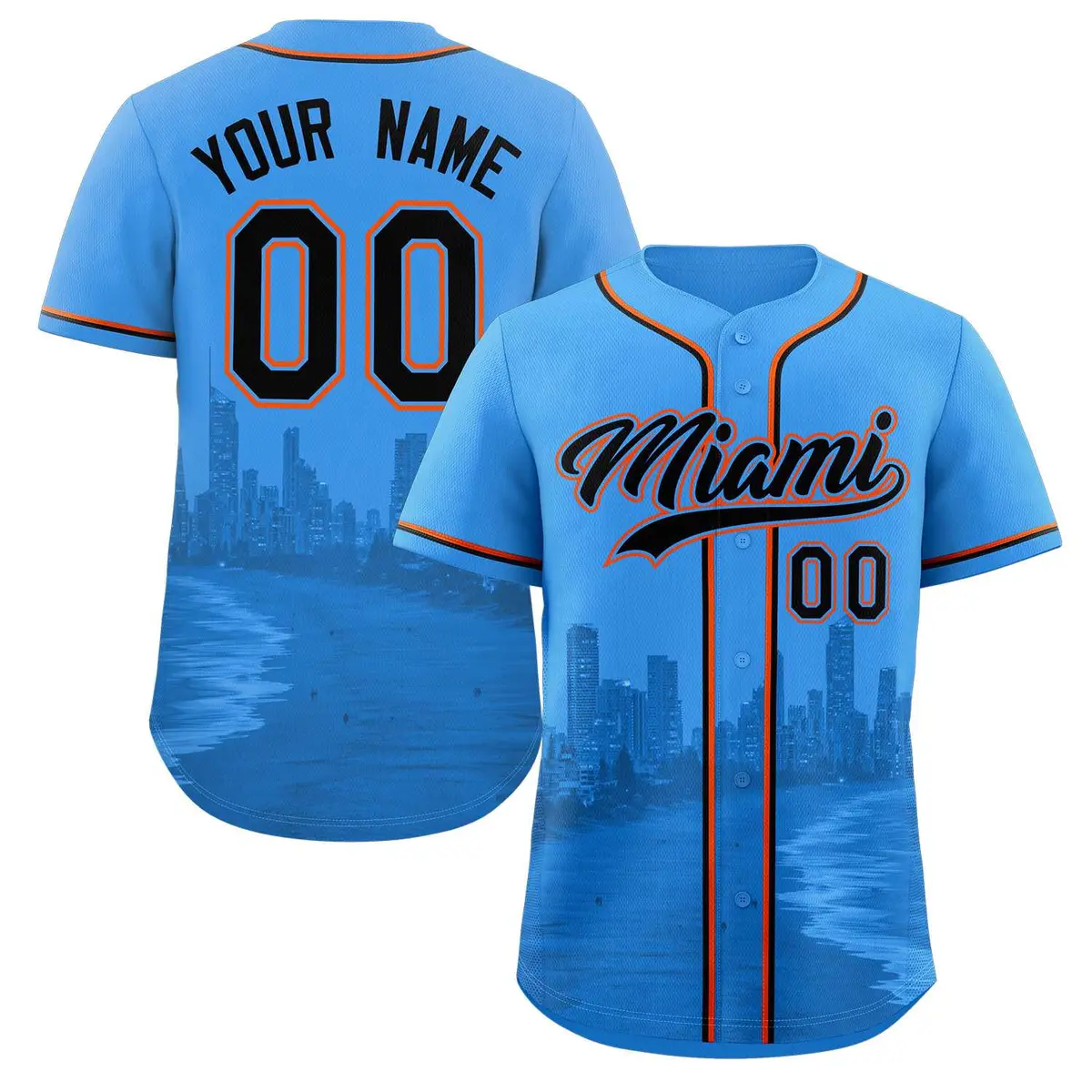 Powder Blue Black Miami City Skyline Baseball Jersey