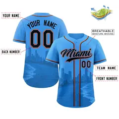 Powder Blue Black Miami City Skyline Baseball Jersey 2