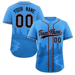 Powder Blue Black Miami City Skyline Baseball Jersey 1