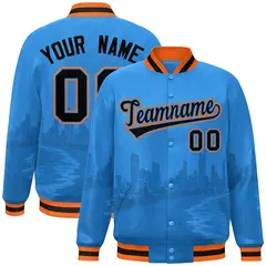 Powder Blue Black-Orange Miami City Skyline Varsity Full-Snap Track Jacket 1