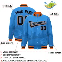 Powder Blue Black-Orange Miami City Skyline Varsity Full-Snap Track Jacket 2