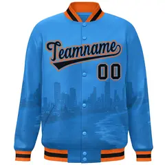 Powder Blue Black-Orange Miami City Skyline Varsity Full-Snap Track Jacket 3