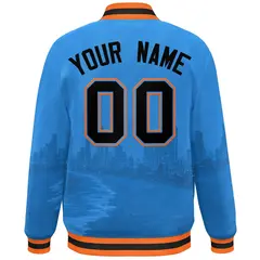 Powder Blue Black-Orange Miami City Skyline Varsity Full-Snap Track Jacket 4