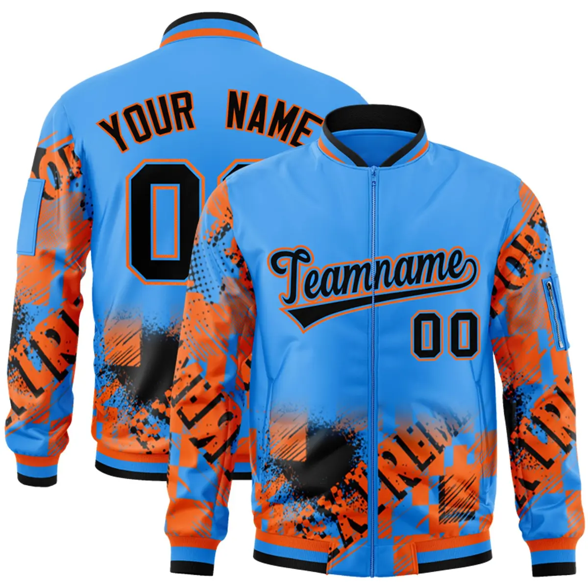 Powder Blue Black-Orange Street Graffiti Varsity Letterman Jacket