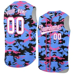Powder Blue Black Pink Camo Sleeveless Baseball Jersey