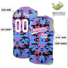 Powder Blue Black Pink Camo Sleeveless Baseball Jersey 2