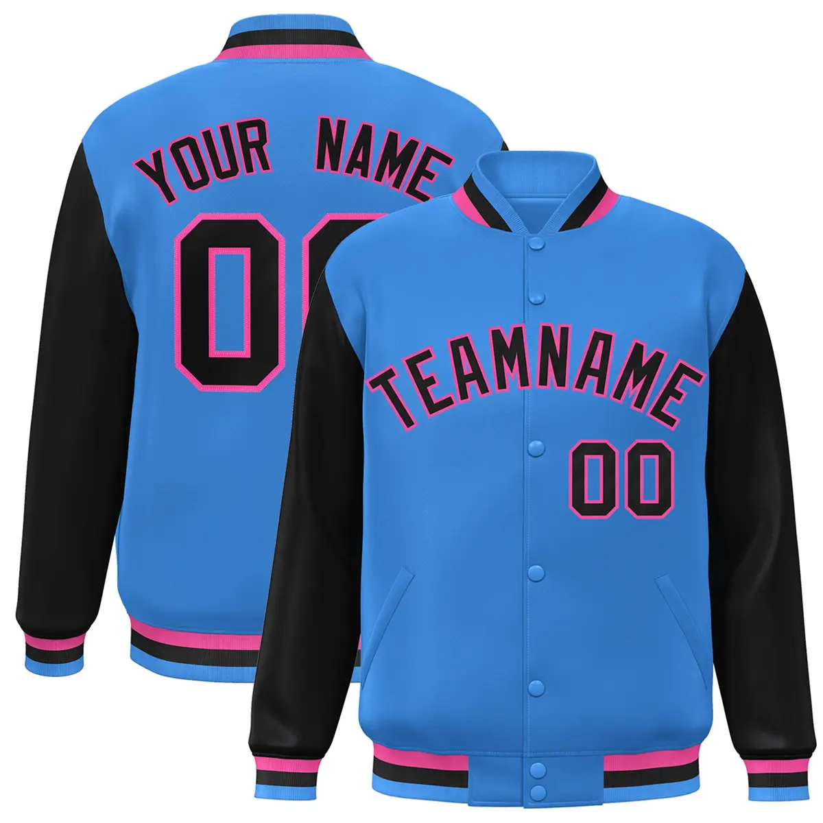 Powder Blue Black-Pink Raglan Varsity Full-Snap Letterman Jacket