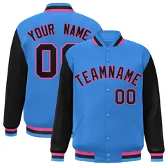Powder Blue Black-Pink Raglan Varsity Full-Snap Letterman Jacket 1