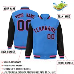 Powder Blue Black-Pink Raglan Varsity Full-Snap Letterman Jacket 2