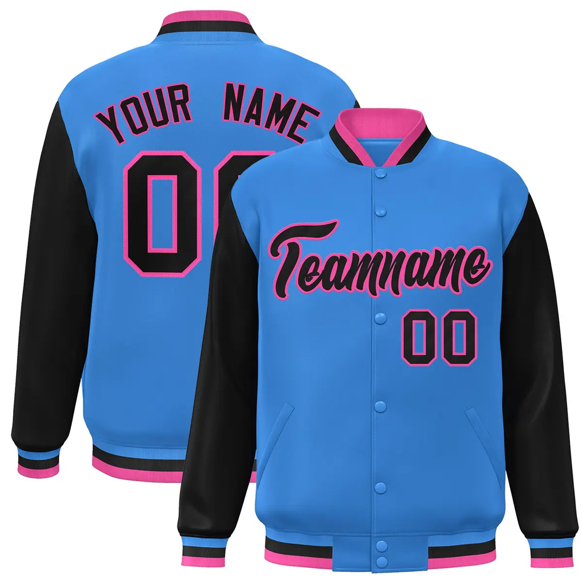 Powder Blue Black-Pink Raglan Varsity Full-Snap Letterman Jacket