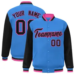 Powder Blue Black-Pink Raglan Varsity Full-Snap Letterman Jacket 1