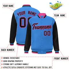 Powder Blue Black-Pink Raglan Varsity Full-Snap Letterman Jacket 2