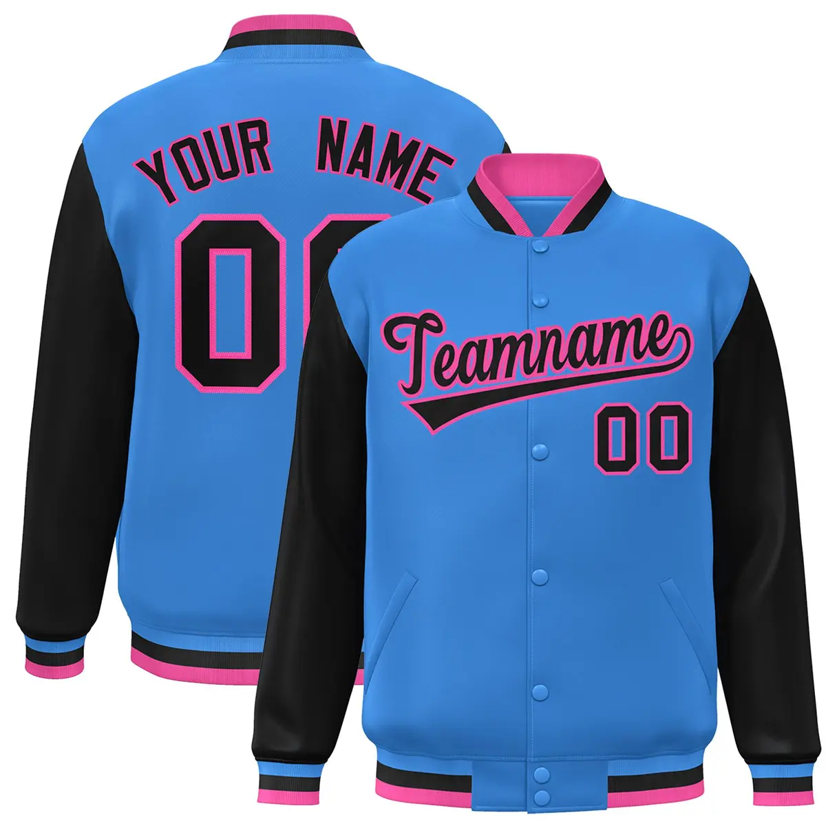 Powder Blue Black-Pink Raglan Varsity Full-Snap Letterman Jacket
