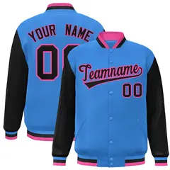 Powder Blue Black-Pink Raglan Varsity Full-Snap Letterman Jacket 1