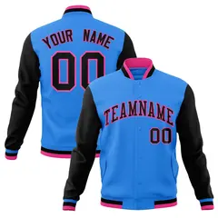 Powder Blue Black-Pink Raglan Varsity Full-Snap Letterman Jacket