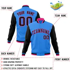 Powder Blue Black-Pink Raglan Varsity Full-Snap Letterman Jacket 4