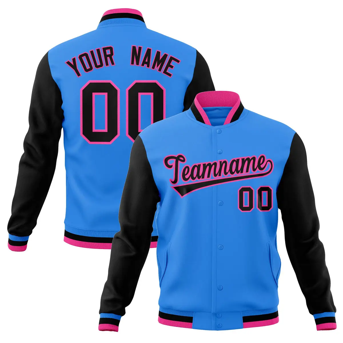Powder Blue Black-Pink Raglan Varsity Full-Snap Letterman Jacket
