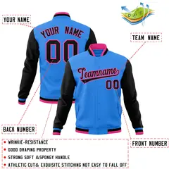Powder Blue Black-Pink Raglan Varsity Full-Snap Letterman Jacket 4