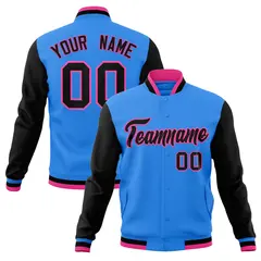 Powder Blue Black-Pink Raglan Varsity Full-Snap Letterman Jacket