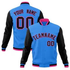Powder Blue Black-Pink Raglan Varsity Full-Snap Letterman Jacket 1