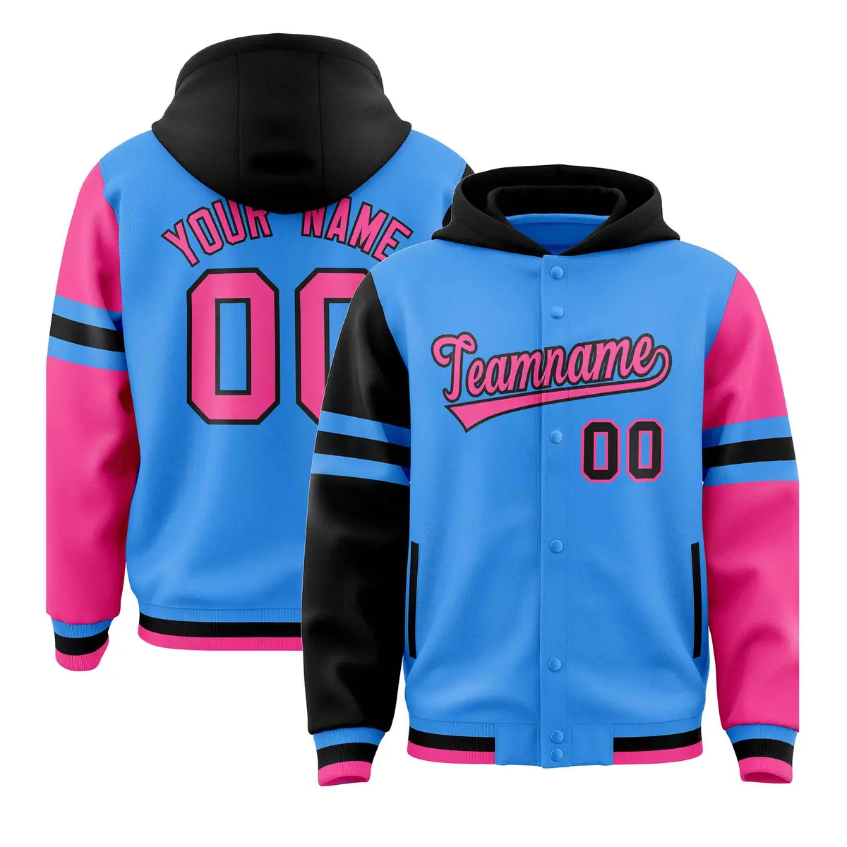 Powder Blue Black-Pink Varsity Letterman Hoodie Jacket Raglan Three Stripes