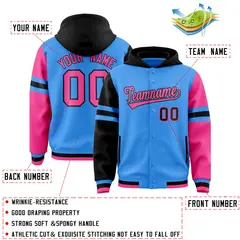 Powder Blue Black-Pink Varsity Letterman Hoodie Jacket Raglan Three Stripes 4