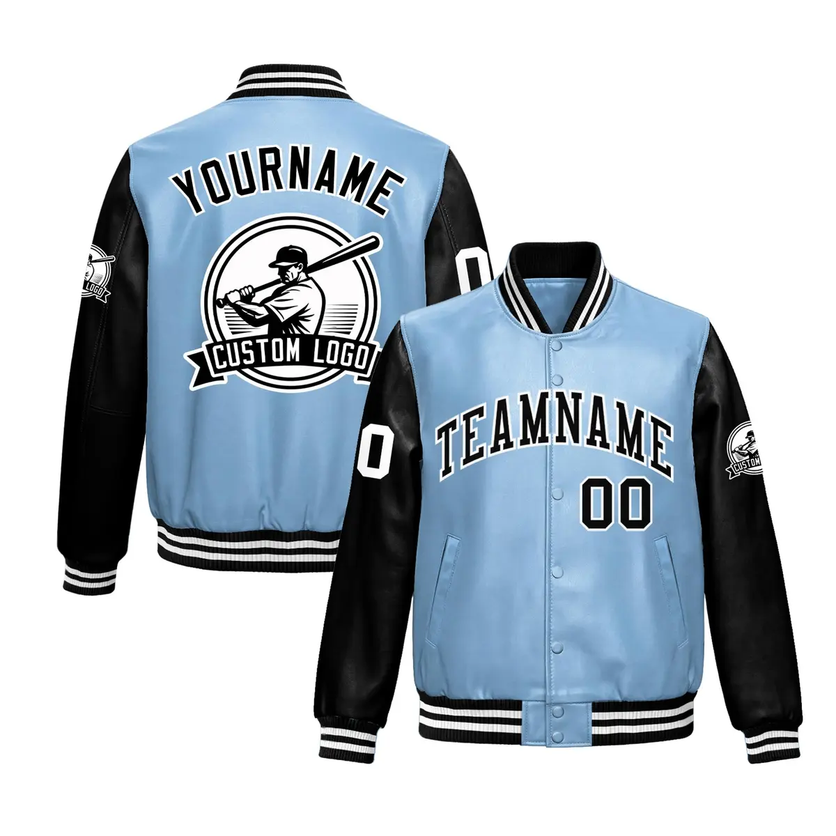 Powder Blue Black Raglan Full-Snap Faux Leather Letterman Jacket