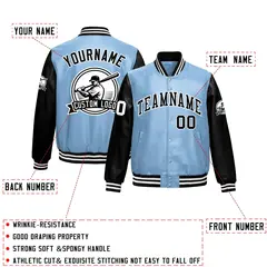 Powder Blue Black Raglan Full-Snap Faux Leather Letterman Jacket 2