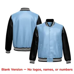 Powder Blue Black Raglan Full-Snap Faux Leather Letterman Jacket 6