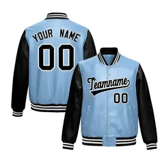 Powder Blue Black Raglan Full-Snap Varsity Faux Leather Letterman Jacket 1