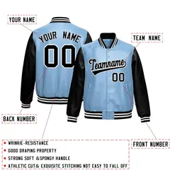 Powder Blue Black Raglan Full-Snap Varsity Faux Leather Letterman Jacket 2