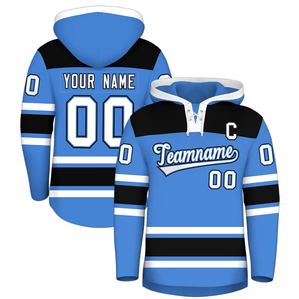 Powder Blue Black Raglan Lace-Up Neck Hockey Hoodie Jersey