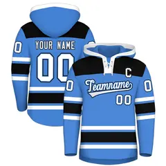 Powder Blue Black Raglan Lace-Up Neck Hockey Hoodie Jersey