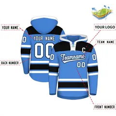 Powder Blue Black Raglan Lace-Up Neck Hockey Hoodie Jersey 2