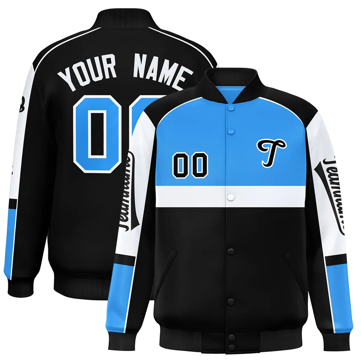 Powder Blue Black Raglan Sleeve Varsity Letterman Jacket