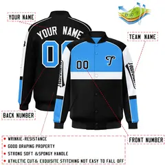 Powder Blue Black Raglan Sleeve Varsity Letterman Jacket 2