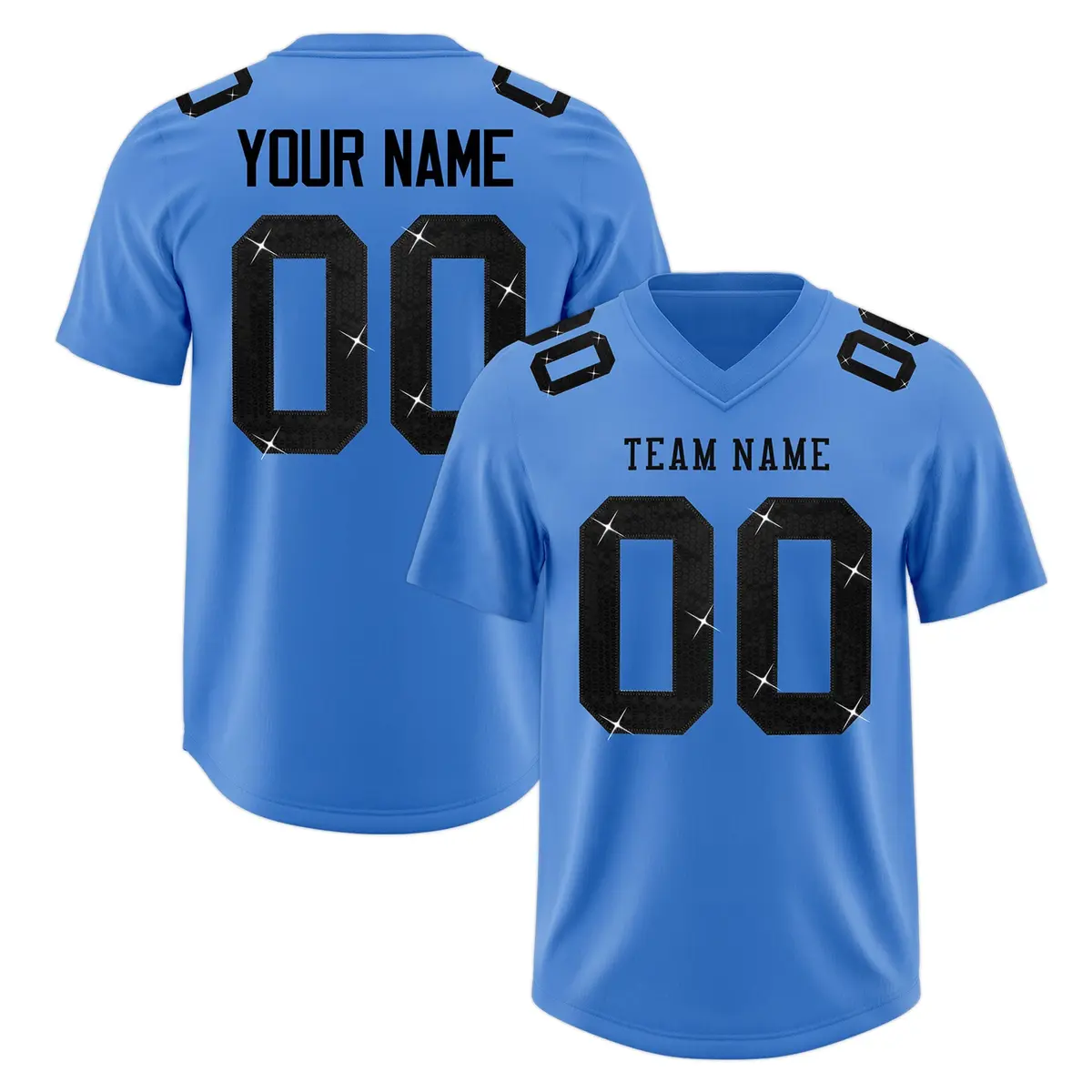 Powder Blue Black Sequin Lettering Football Jersey